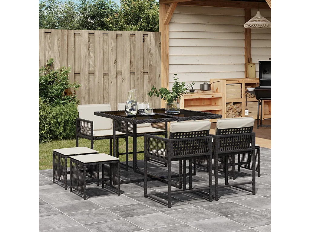 9-tlg. Garten-Essgruppe mit Kissen Schwarz Poly Rattan