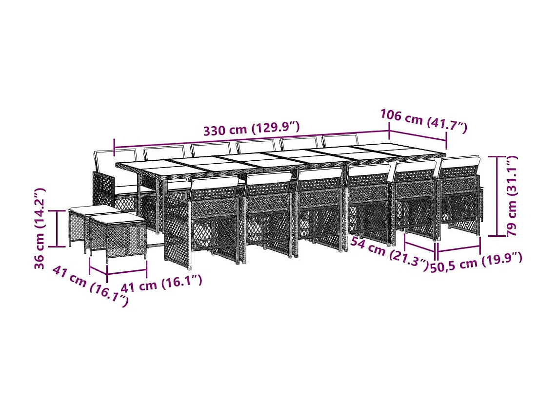 Ensemble à manger de jardin et coussins 17 pcs marron rotin