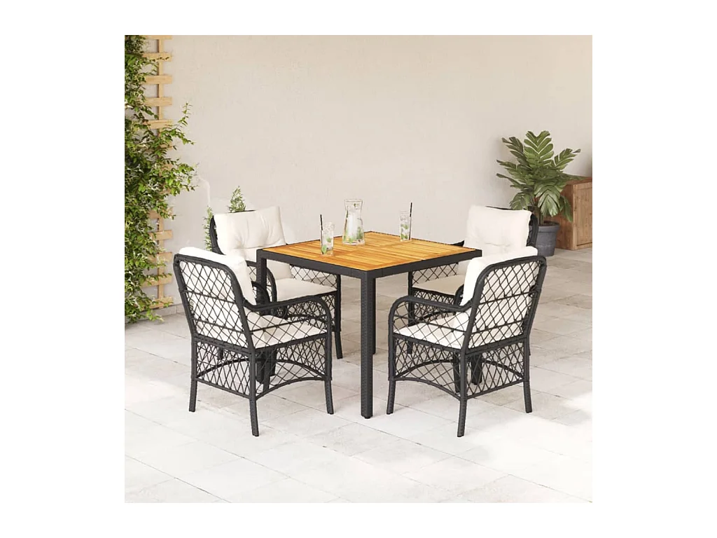 Ensemble à manger de jardin coussins 5pcs Noir Résine tressée