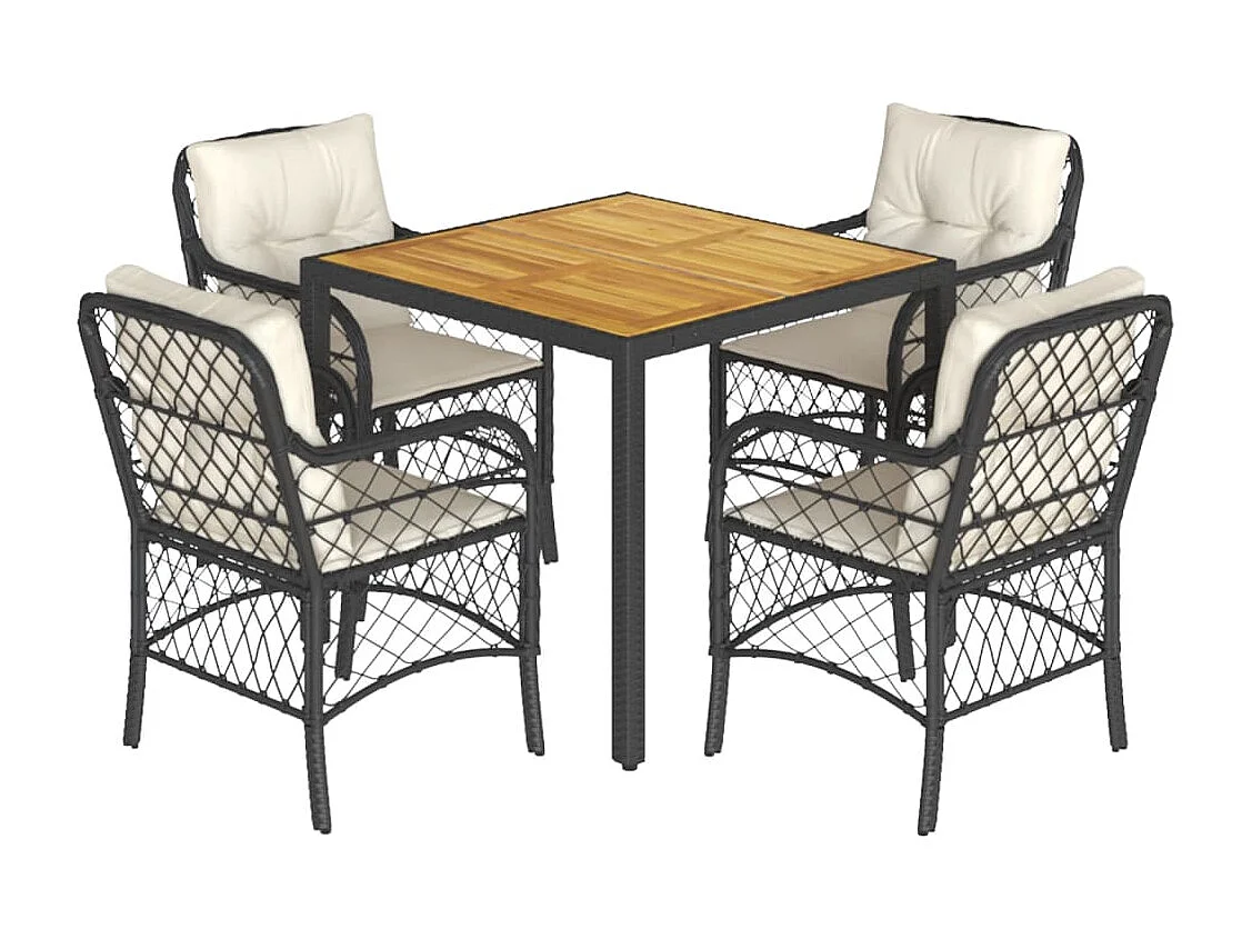 5-tlg. Garten-Essgruppe mit Kissen Schwarz Poly Rattan