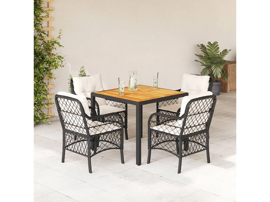 5-tlg. Garten-Essgruppe mit Kissen Schwarz Poly Rattan