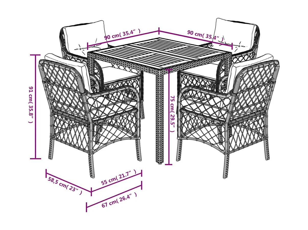 5-tlg. Garten-Essgruppe mit Kissen Schwarz Poly Rattan