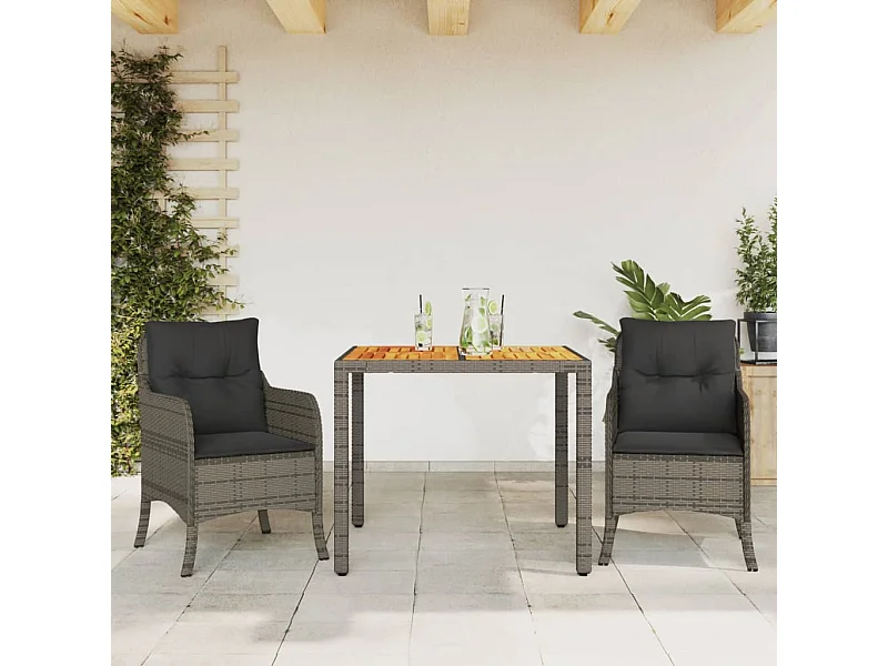 3-tlg. Garten-Essgruppe mit Kissen Grau Poly Rattan