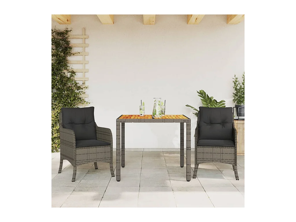 Set comedor de jardín 3 piezas con cojines ratán sintético gris