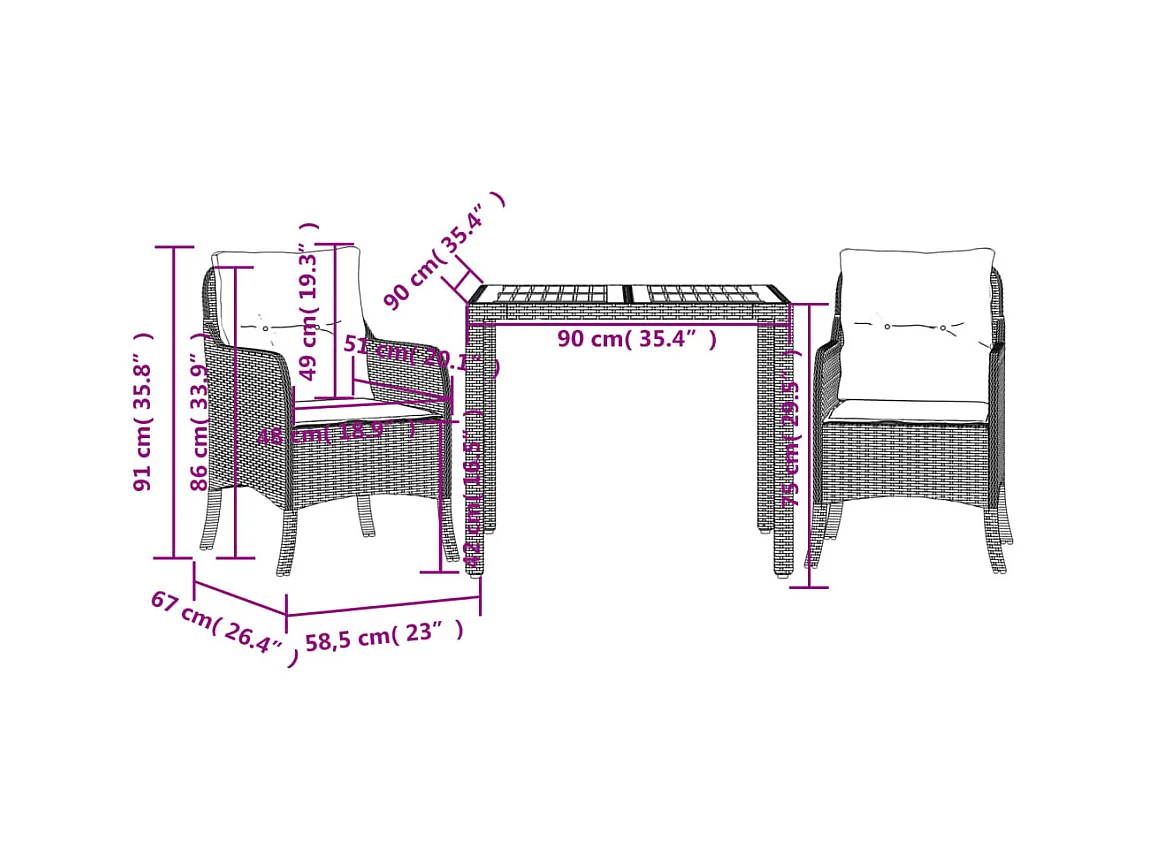 Set comedor de jardín 3 piezas con cojines ratán sintético gris