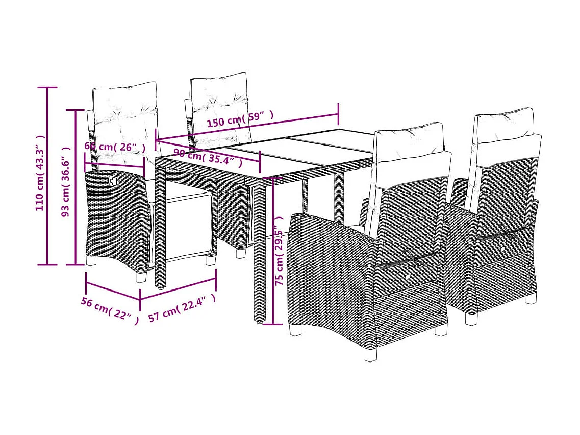 Set de muebles jardín 5 pzas con cojines ratán sintético negro