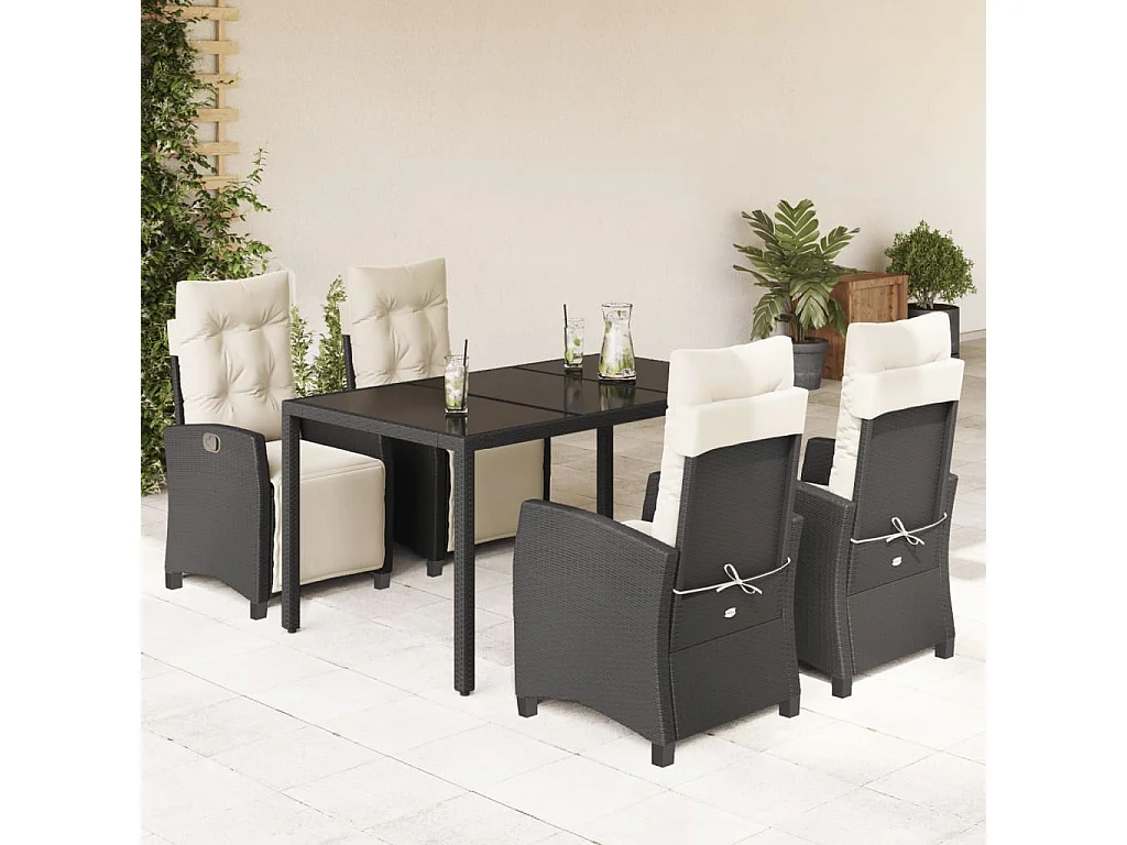 5-tlg. Garten-Essgruppe mit Kissen Schwarz Poly Rattan
