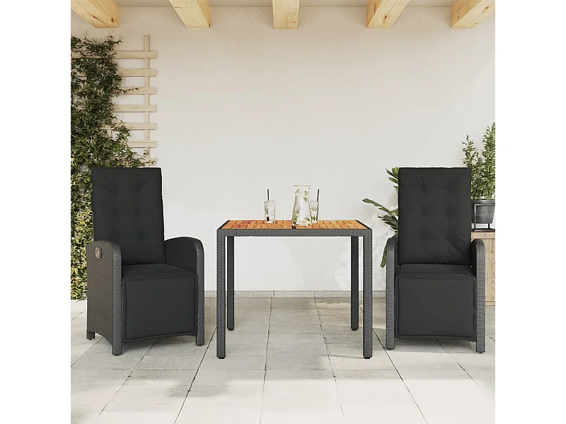 3-delige Bistroset met kussens poly rattan zwart