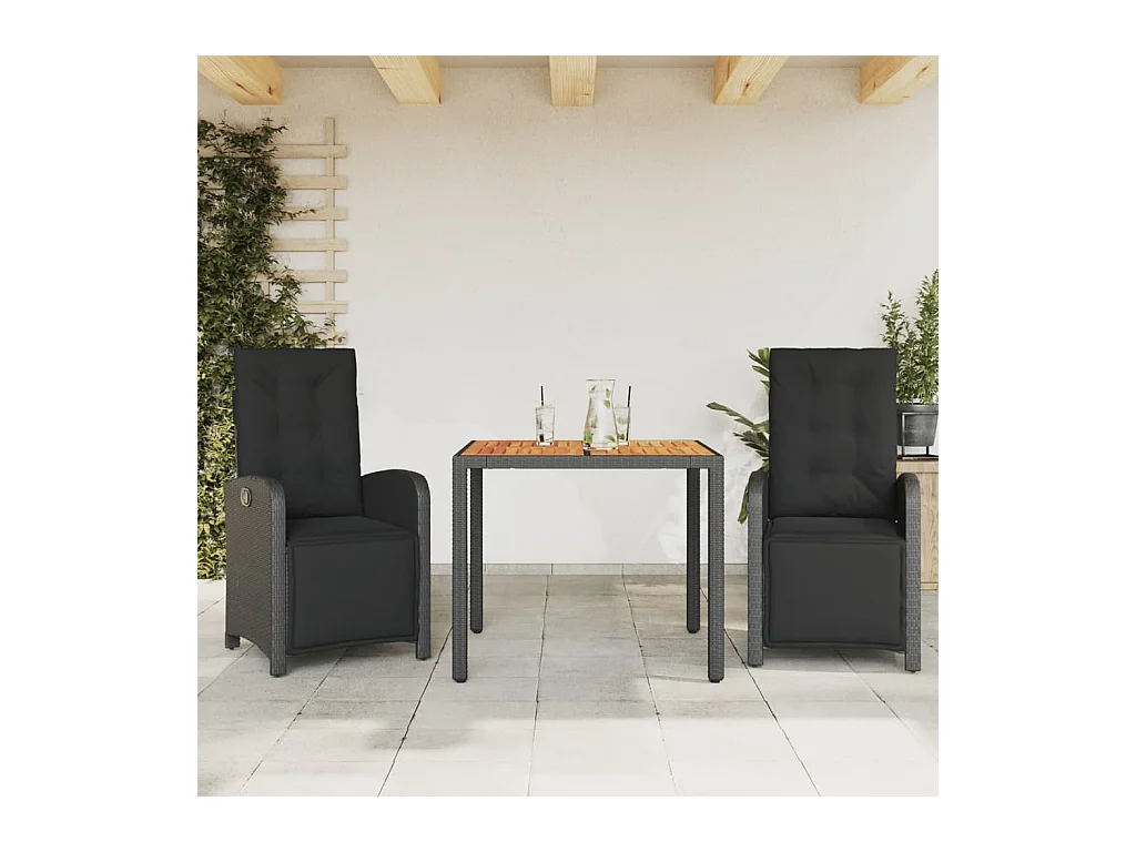 Ensemble de bistro 3 pcs avec coussins noir résine tressée