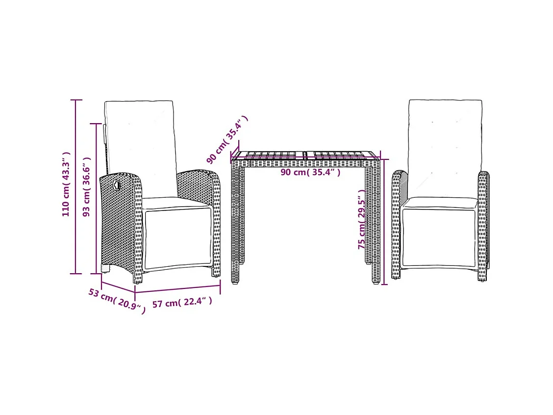 Ensemble de bistro 3 pcs avec coussins noir résine tressée