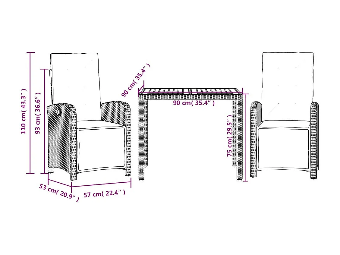 3-tlg. Bistro-Set mit Kissen Schwarz Poly Rattan