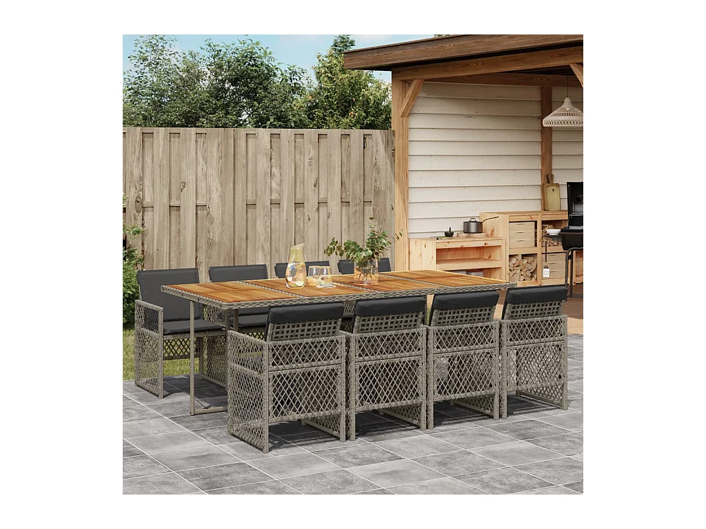 Ensemble à manger de jardin 9 pcs coussins gris résine tressée