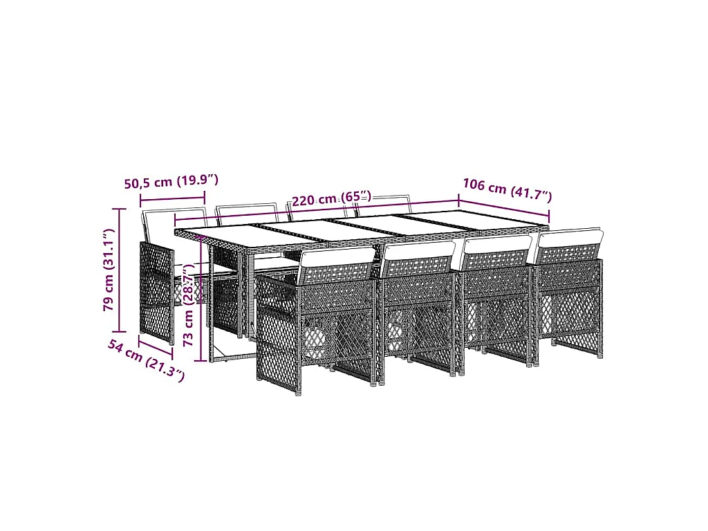9 pcs conjunto de jantar p/ jardim c/ almofadões vime PE cinza