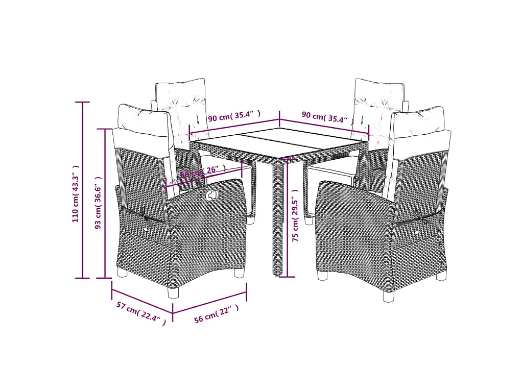 Ensemble à manger de jardin coussins 5pcs Noir Résine tressée