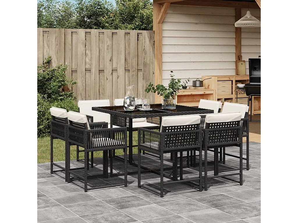 Ensemble à manger de jardin 9pcs coussins noir résine tressée