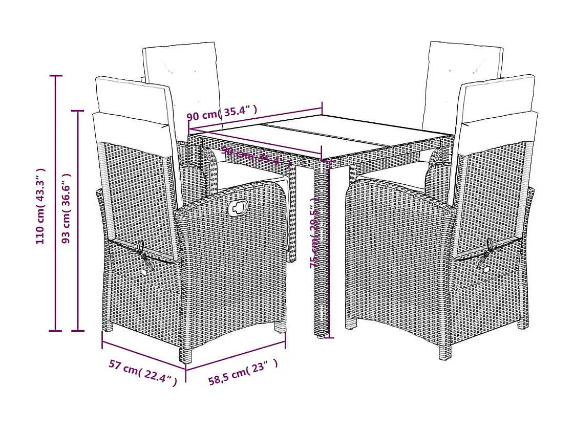 Ensemble à manger de jardin coussins 5pcs Noir Résine tressée