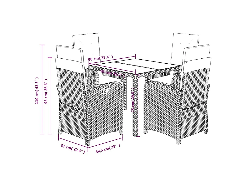 Ensemble à manger de jardin coussins 5pcs Noir Résine tressée