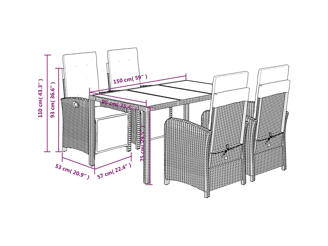 Ensemble à manger de jardin coussins 5pcs Noir Résine tressée