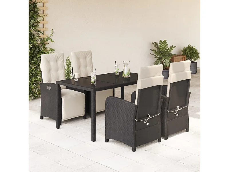 5-tlg. Garten-Essgruppe mit Kissen Schwarz Poly Rattan