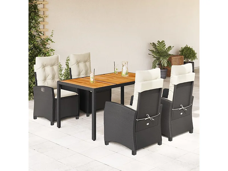 5-tlg. Garten-Essgruppe mit Kissen Schwarz Poly Rattan