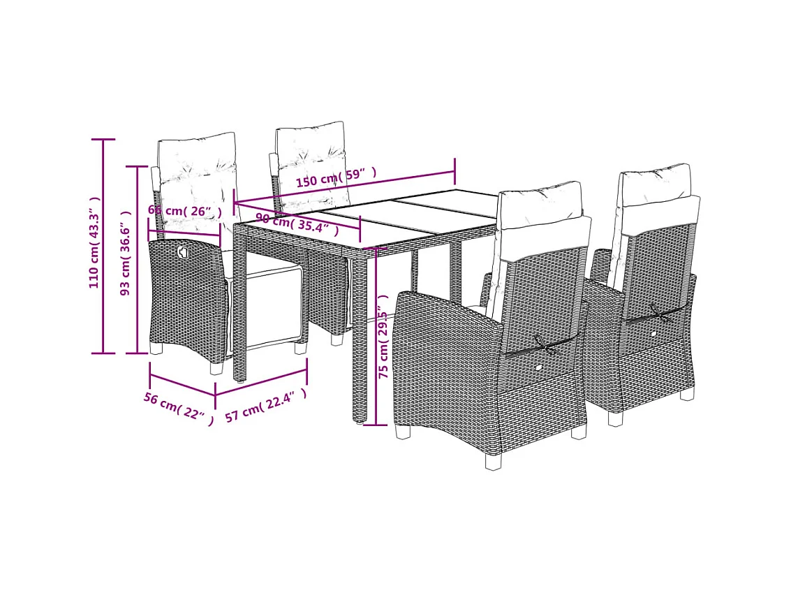 5-delige Tuinset met kussens poly rattan zwart