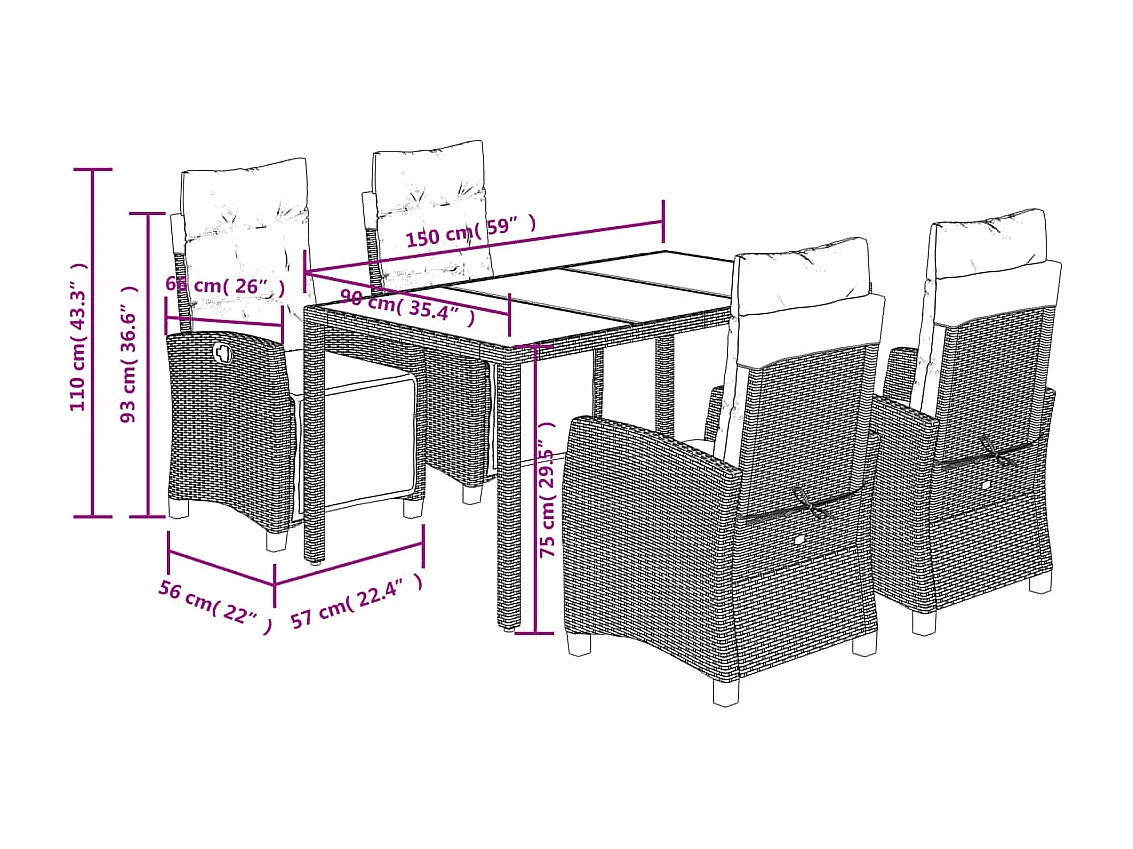 5-delige Tuinset met kussens poly rattan zwart