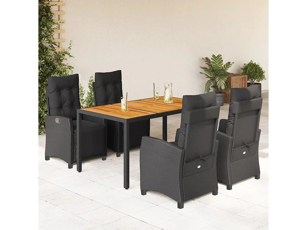 5-tlg. Garten-Essgruppe mit Kissen Schwarz Poly Rattan