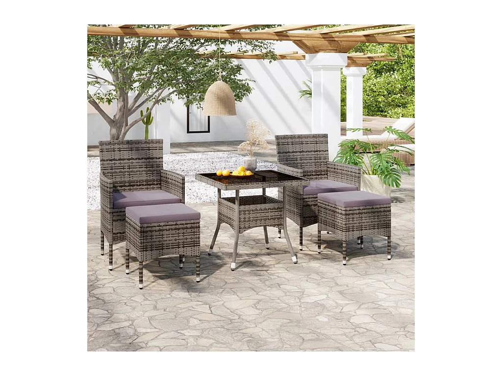 Ensemble à Manger jardin 5 pcs résine tressée verre trempé Gris