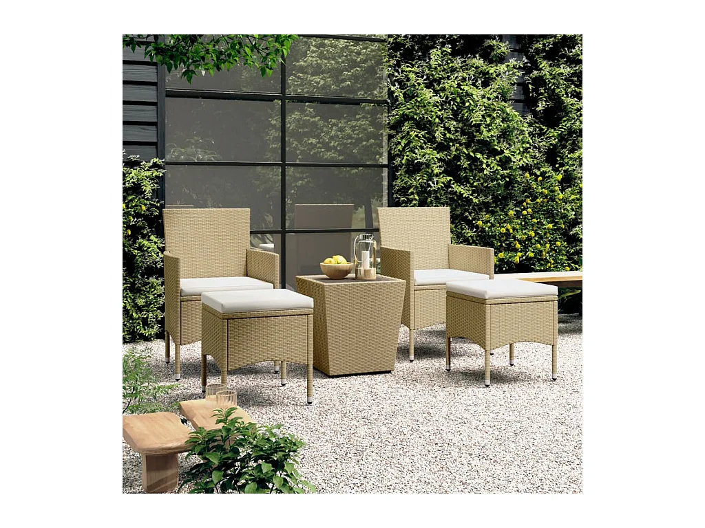 Ensemble de bistro 5 pcs Résine tressée et verre trempé Beige