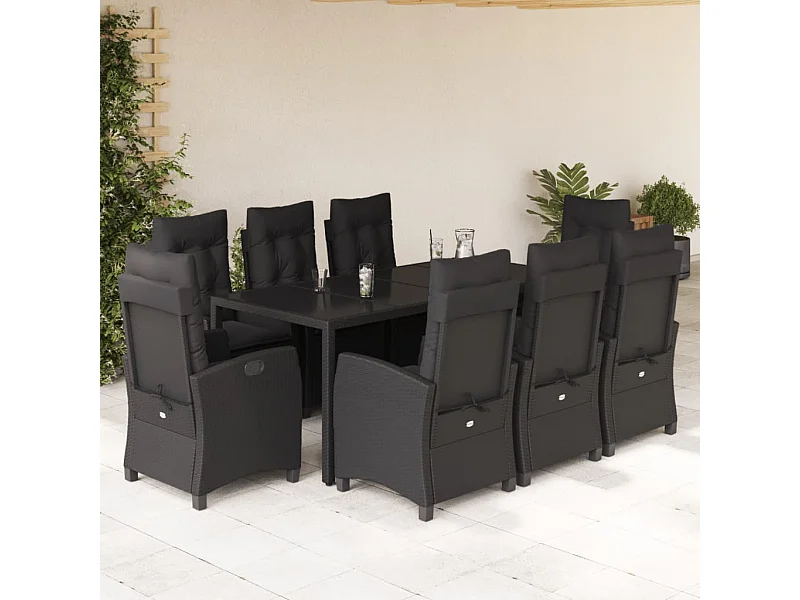 Set de comedor de jardín 9 pzas y cojines ratán sintético negro