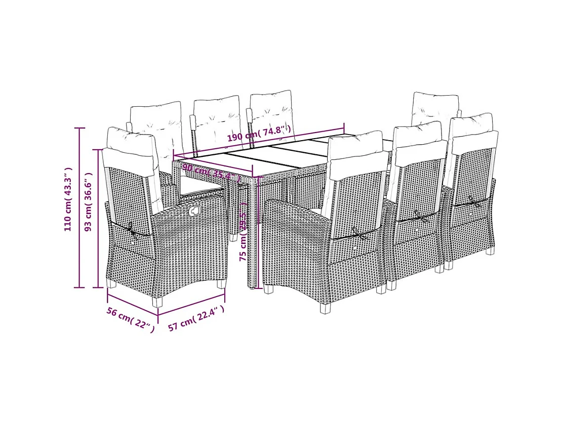 Ensemble à manger de jardin 9pcs coussins noir résine tressée