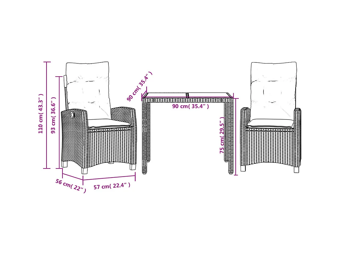 3-tlg. Garten-Essgruppe mit Kissen Grau Poly Rattan