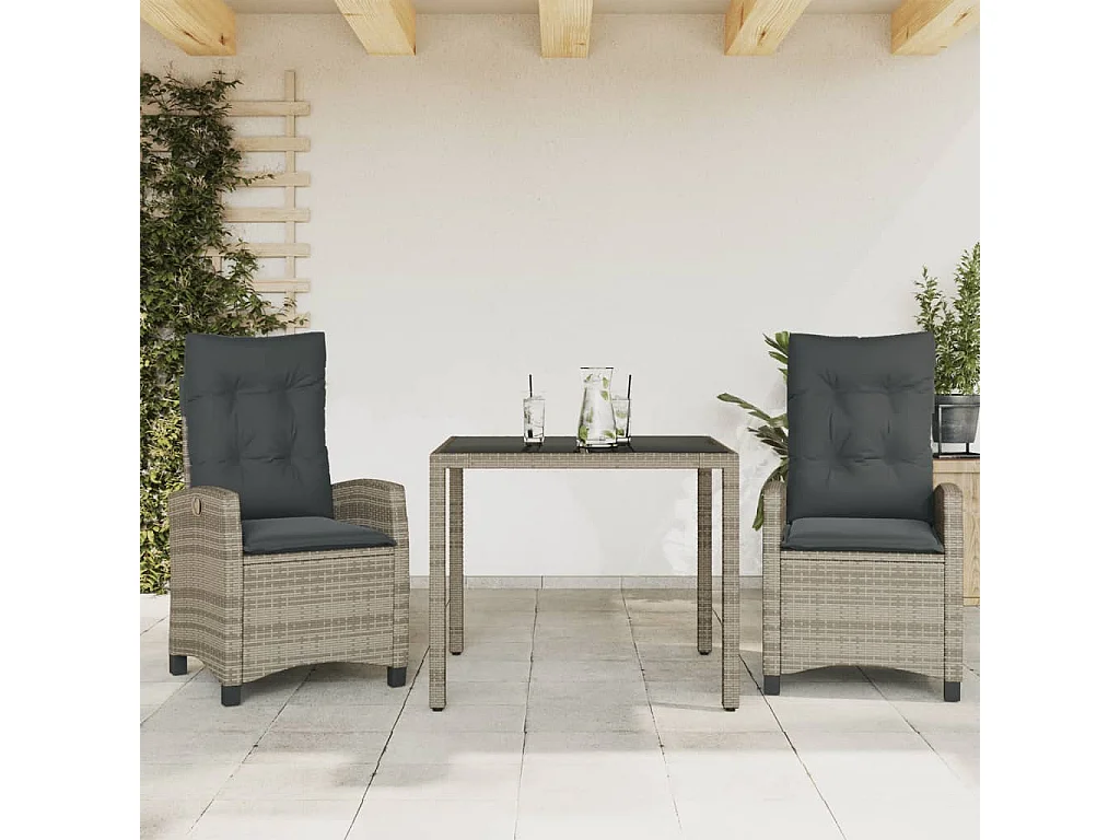3-tlg. Garten-Essgruppe mit Kissen Grau Poly Rattan