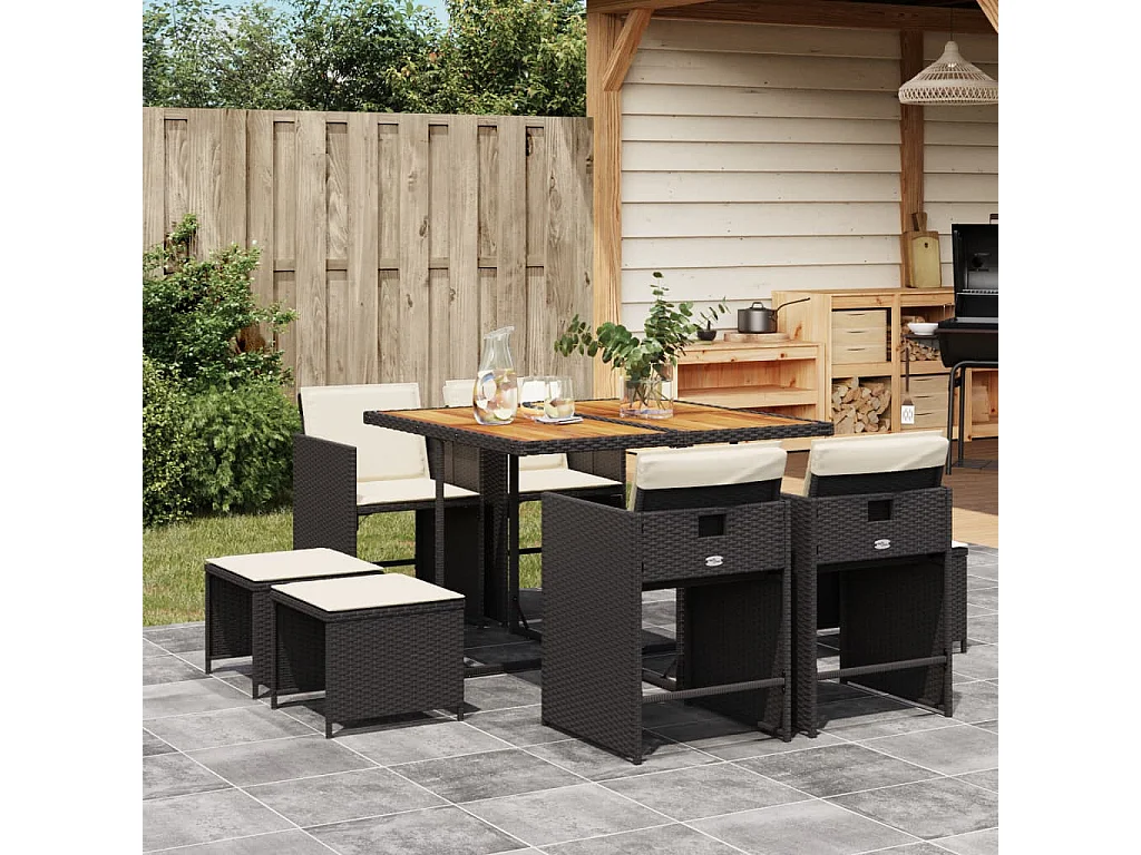 Ensemble à manger de jardin 9pcs coussins noir résine tressée