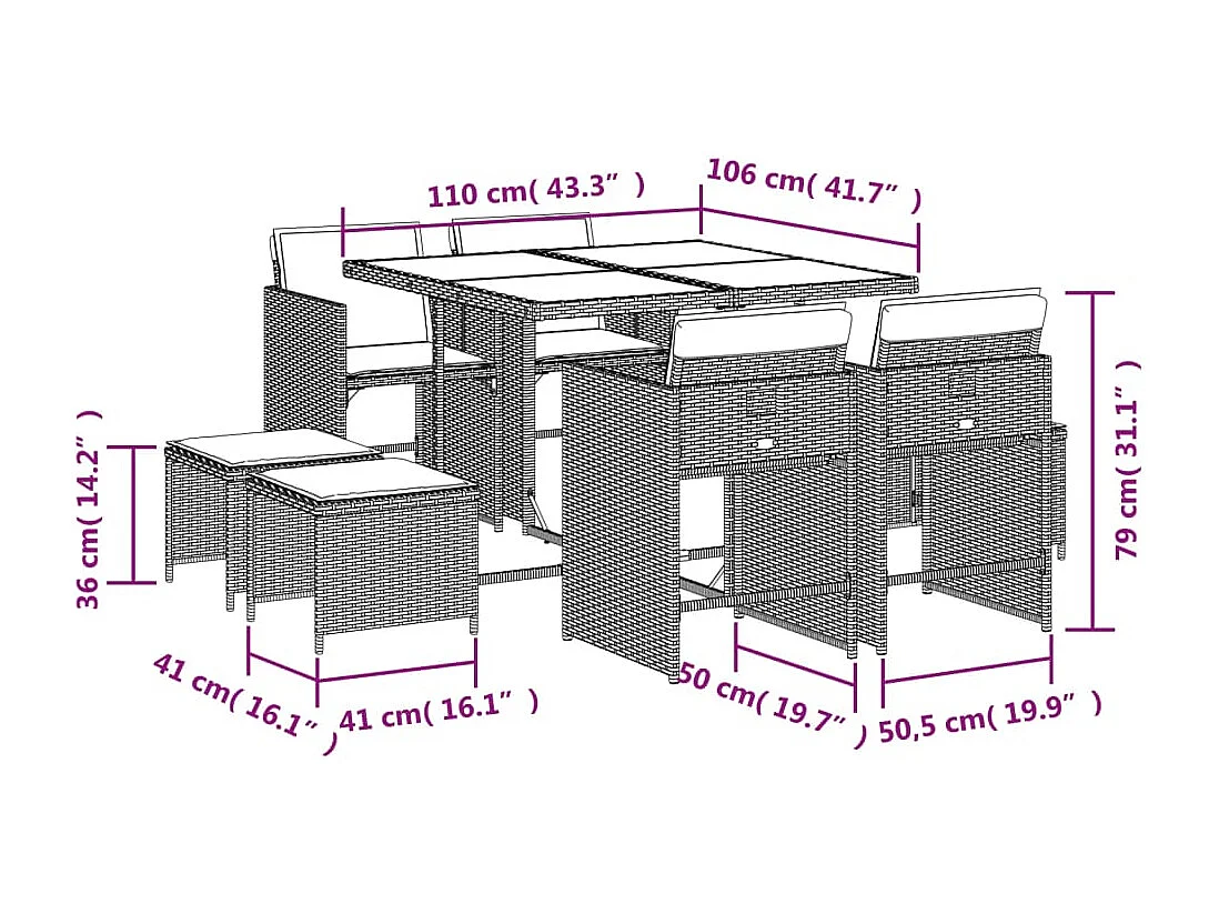 Ensemble à manger de jardin 9pcs coussins noir résine tressée