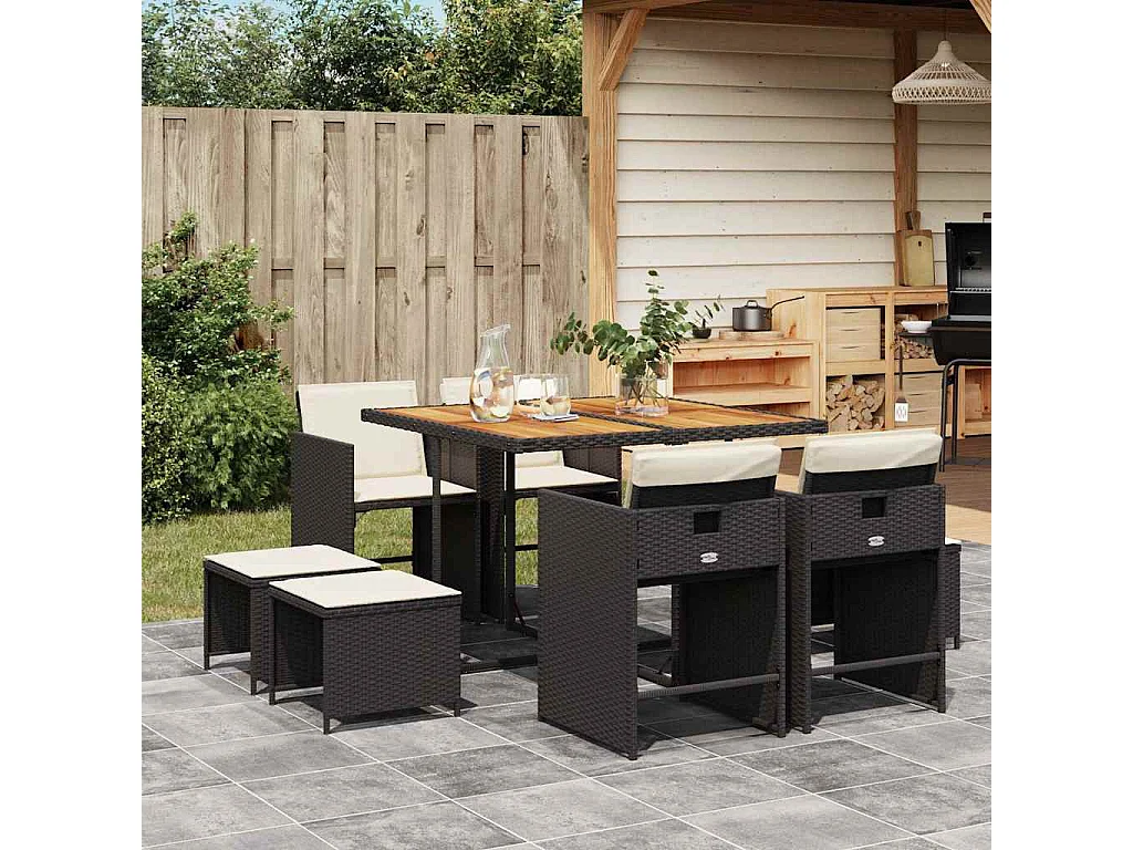 Ensemble à manger de jardin 9pcs coussins noir résine tressée