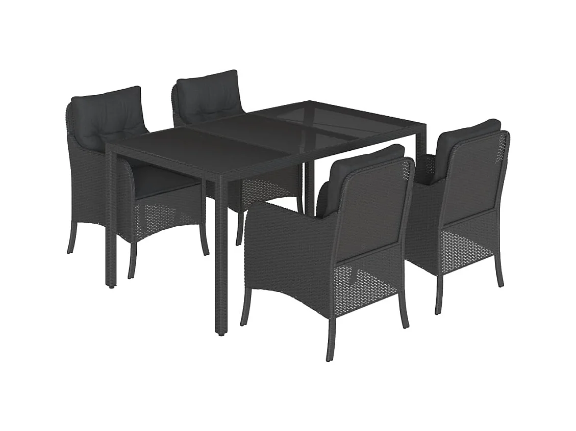 5-tlg. Garten-Essgruppe mit Kissen Schwarz Poly Rattan