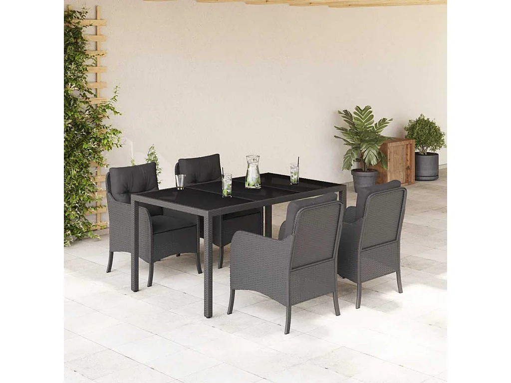 5-delige Tuinset met kussens poly rattan zwart