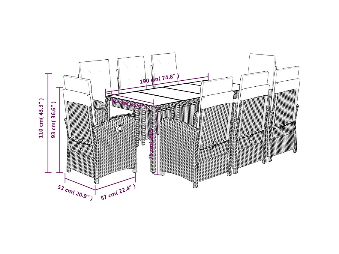 Ensemble à manger de jardin 9pcs coussins noir résine tressée