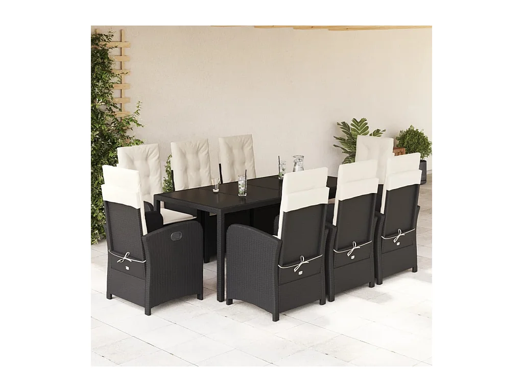 Ensemble à manger de jardin 9pcs coussins noir résine tressée