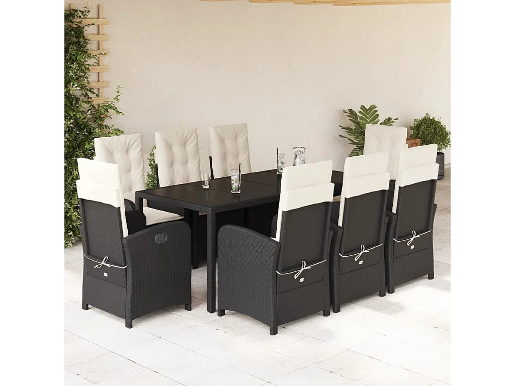 9-tlg. Garten-Essgruppe mit Kissen Schwarz Poly Rattan