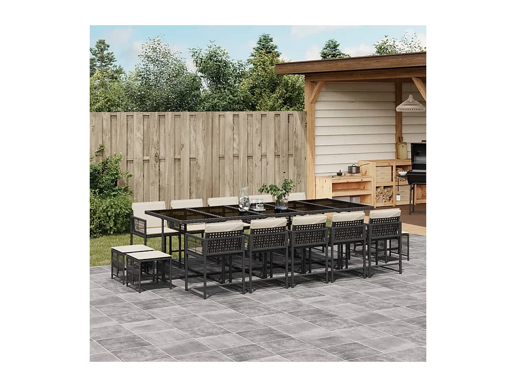 Set da Pranzo da Giardino 15 pz con Cuscini Nero in Polyrattan