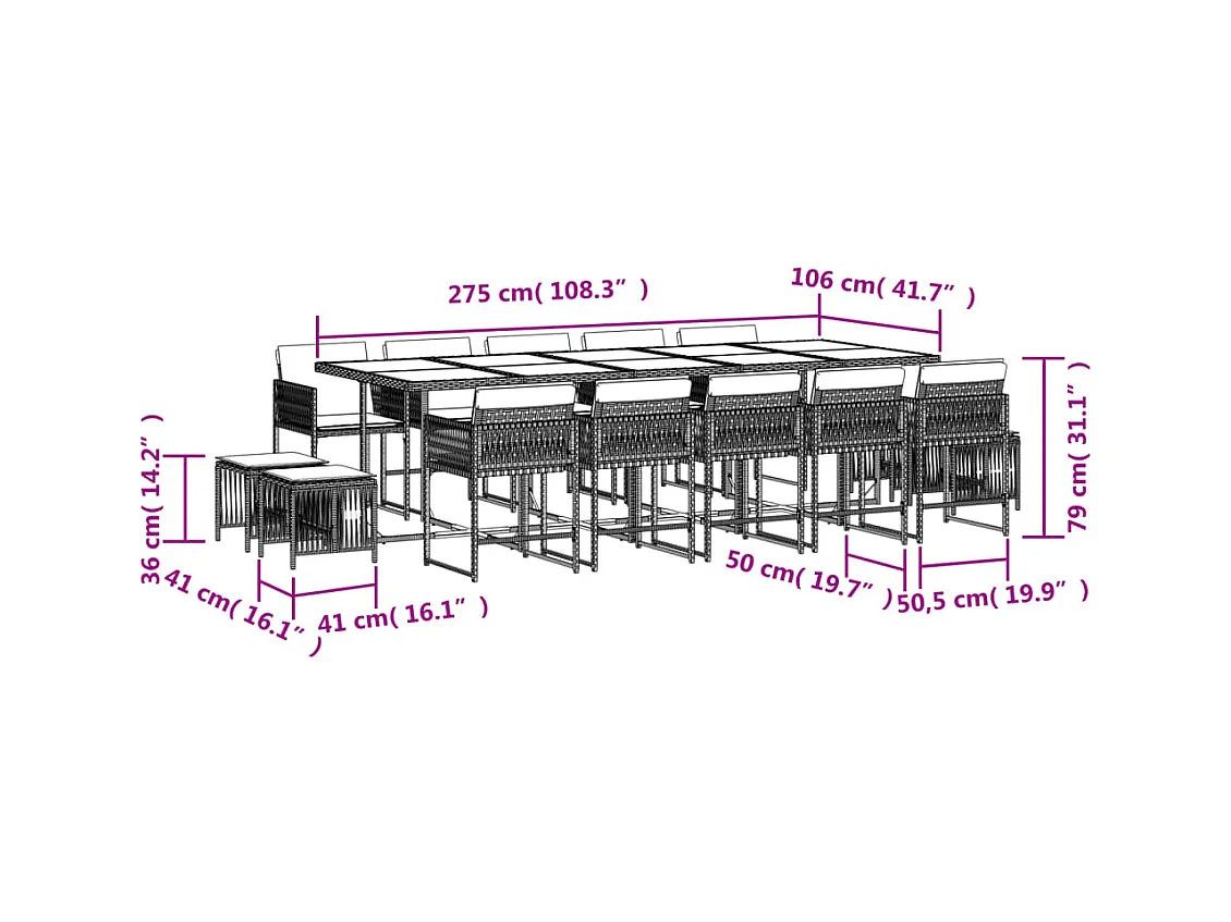 Set da Pranzo da Giardino 15 pz con Cuscini Nero in Polyrattan