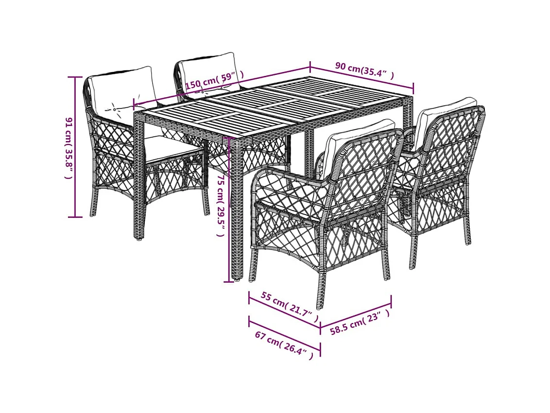 5-delige Tuinset met kussens poly rattan zwart