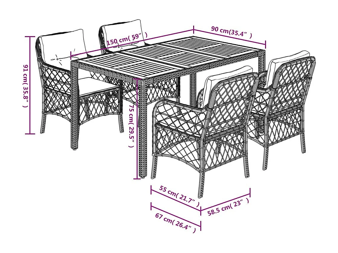 5-tlg. Garten-Essgruppe mit Kissen Schwarz Poly Rattan