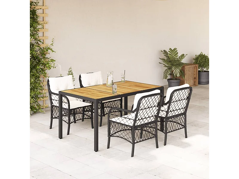 5-tlg. Garten-Essgruppe mit Kissen Schwarz Poly Rattan