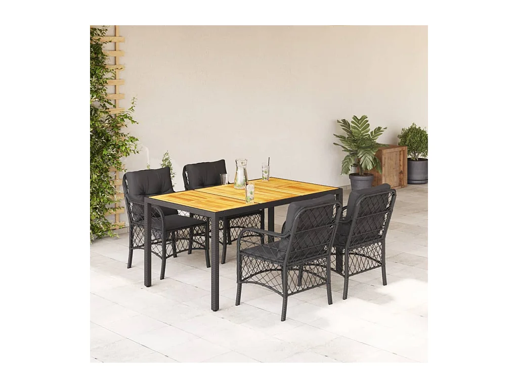 5-delige Tuinset met kussens poly rattan zwart