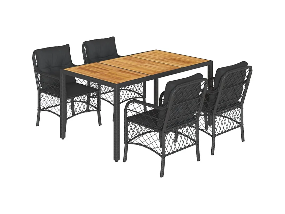 5-delige Tuinset met kussens poly rattan zwart