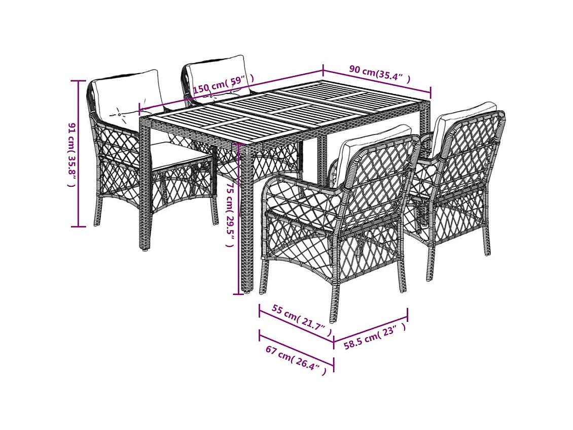 5-delige Tuinset met kussens poly rattan zwart