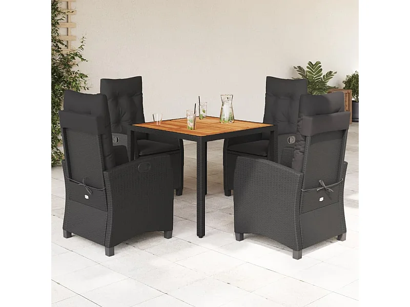 5-delige Tuinset met kussens poly rattan zwart